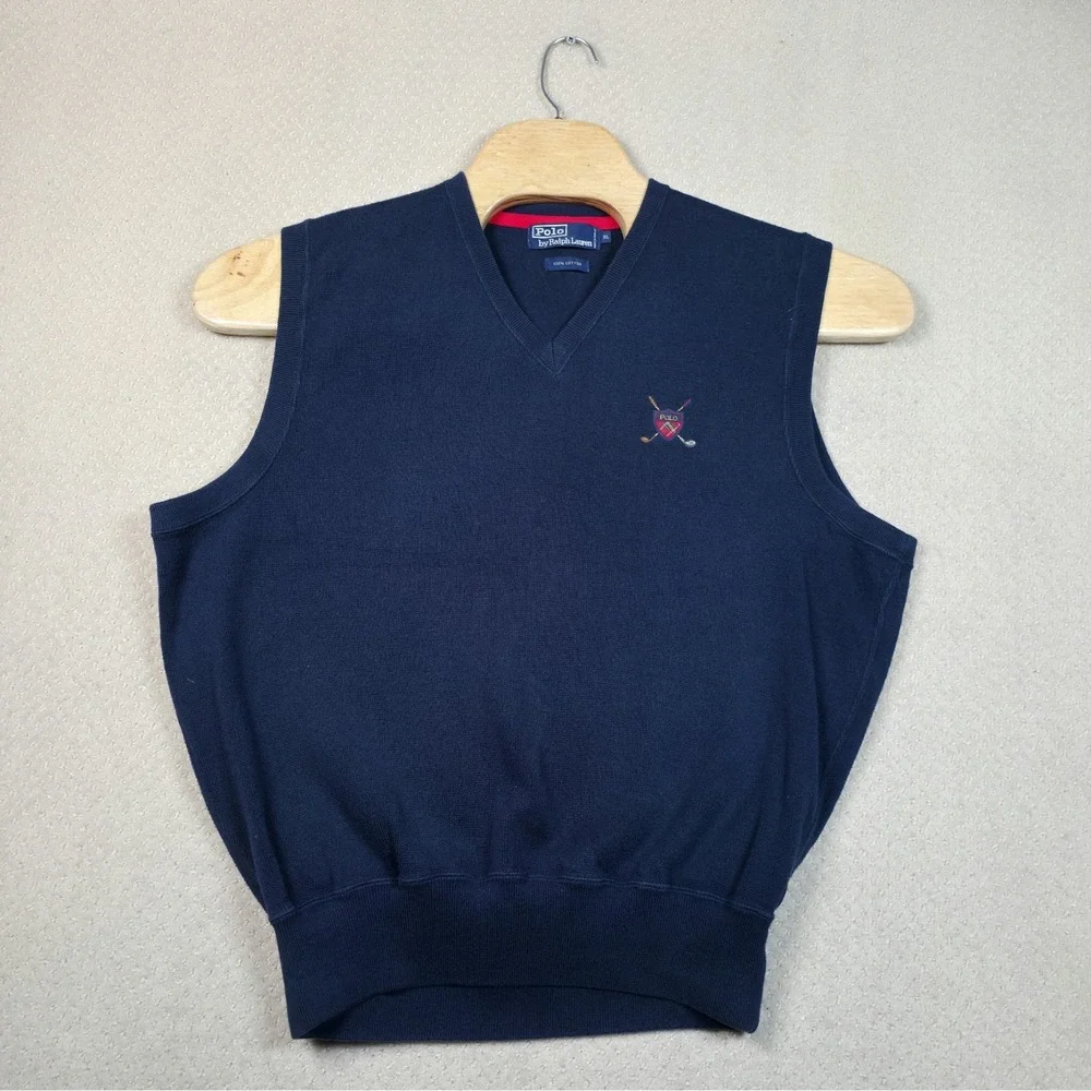 VTG Polo Ralph Lauren Sweater Vest Men's XL Navy Blue Golf Crest Logo 90s Preppy